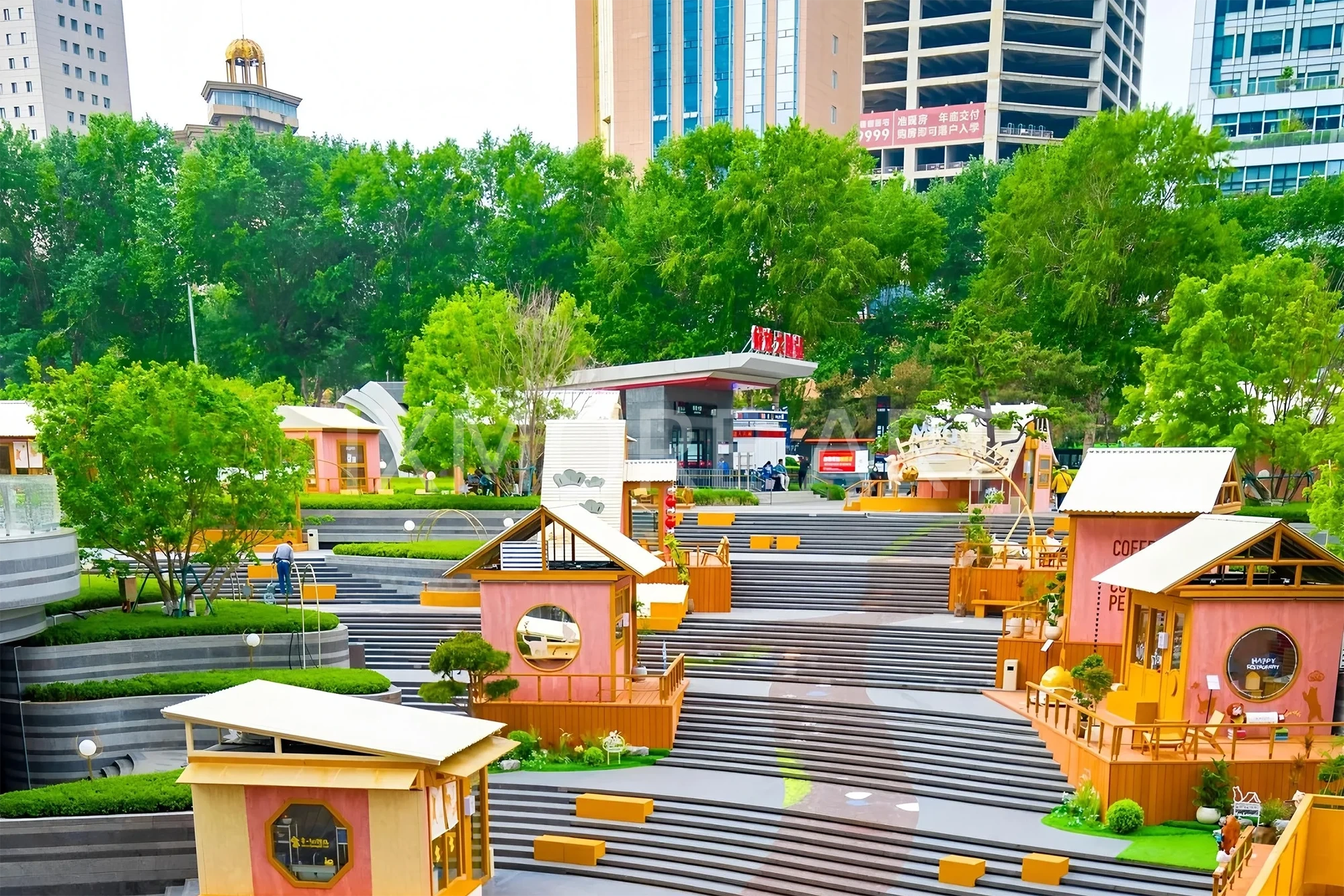 Custom immersive commercial courtyard street scene props handmade by art installation fabrication factory(1)
