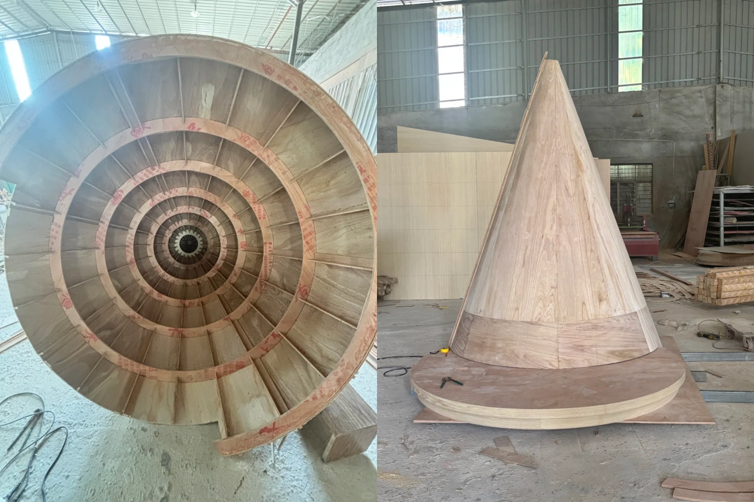 Wooden framework prototyping for forest theme props. Left shows the internal ribbed structure of a giant cone; right shows the assembled conical roof, showcasing skilled custom carpentry craftsmanship.