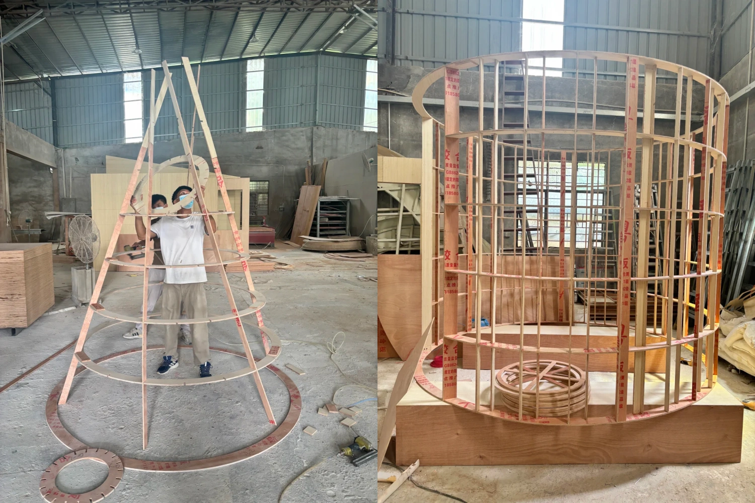 Initial assembly phase of forest landscape props at the factory. Left shows workers adjusting the conical framework; right shows the basic wooden grid skeleton of a cylindrical treehouse.