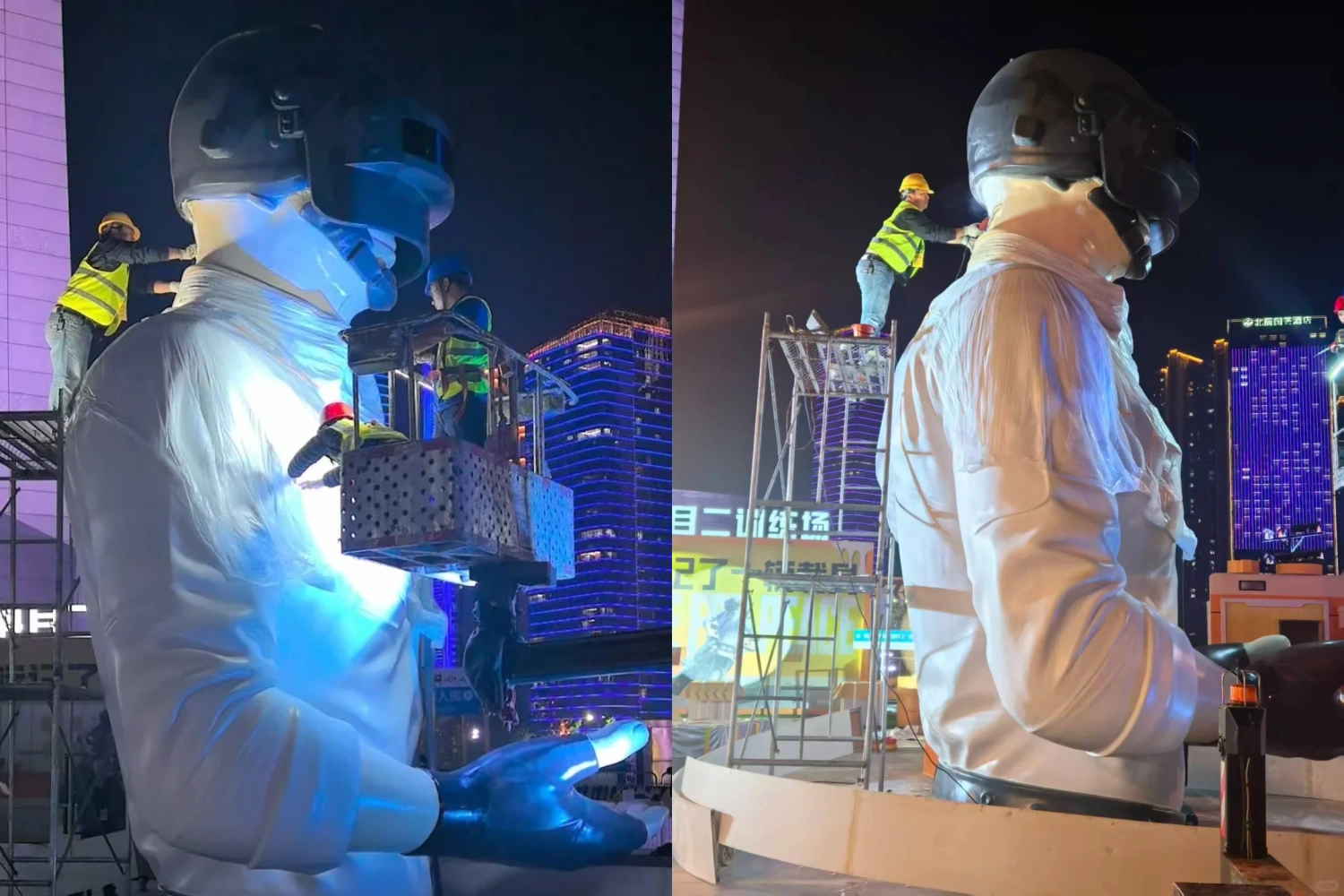 As night falls, the IP character statue enters the nighttime construction phase, with workers in high-altitude baskets precisely connecting the arm sections.