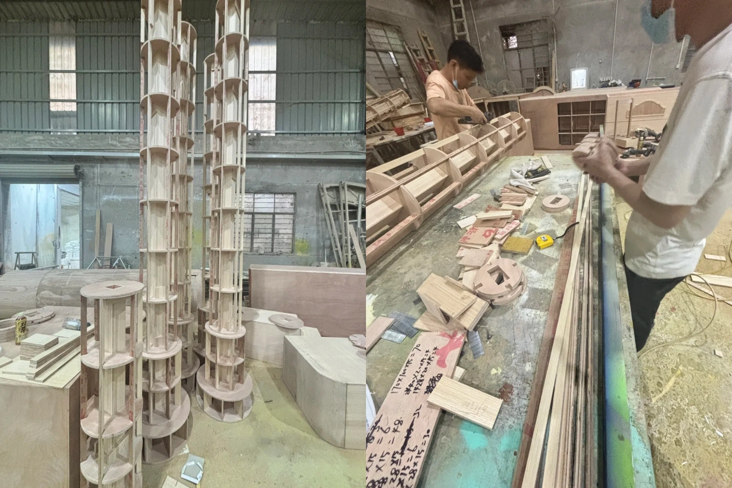 Tall cylindrical wooden carved pillar structures at the display factory, alongside a worker performing fine sanding and processing on irregular wooden parts at a workbench.