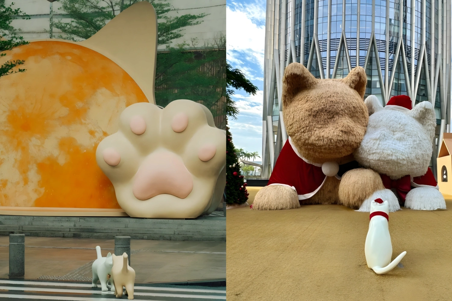 Visual close-up of giant cat sculptures, featuring a huge cat paw device on the left, and two cuddling plush cats wearing red Santa hats on the right, with two small white cat statues below.