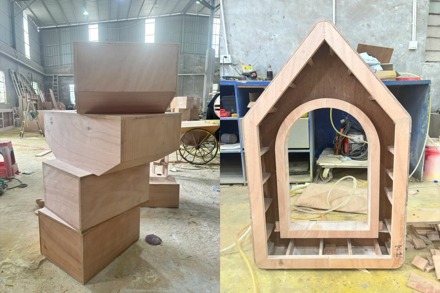 Left: Tiered wooden boxes stacked in the prop workshop; Right: A wooden gable-roofed house frame with an archway structure under fabrication.