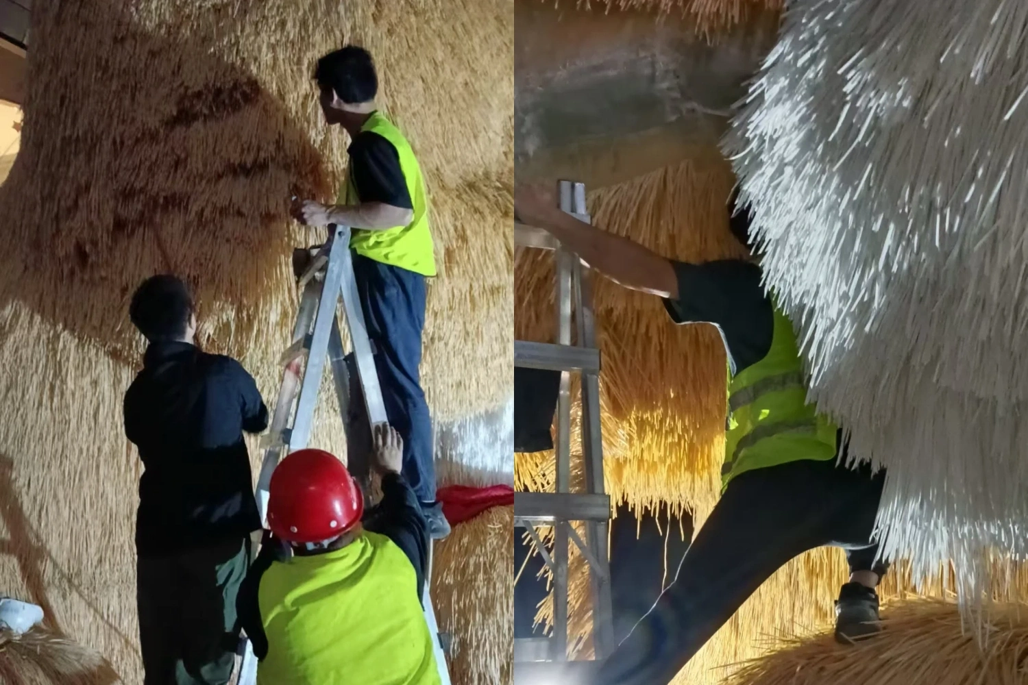 Behind-the-scenes of the giant plush cat installation setup, showing workers on ladders performing outdoor hand-weaving and detail installation, demonstrating the craftsmanship.
