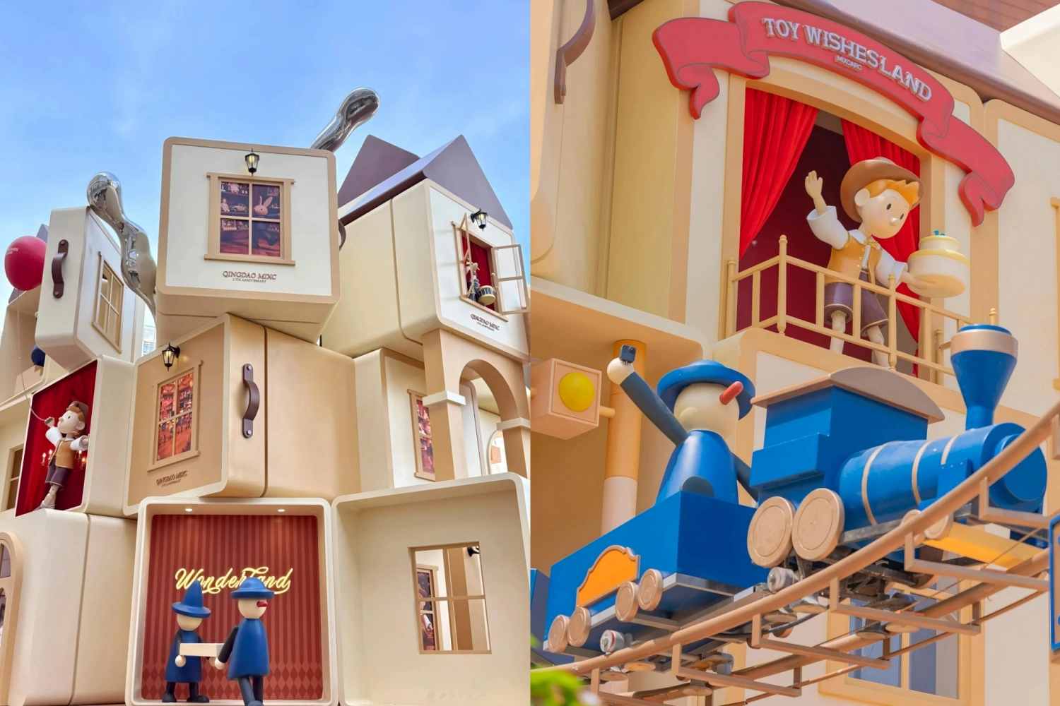 Close-up of the "Toy Wishesland" installation, including scattered window cabins, a blue cartoon steam train navigating the tracks, and a waving little boy.