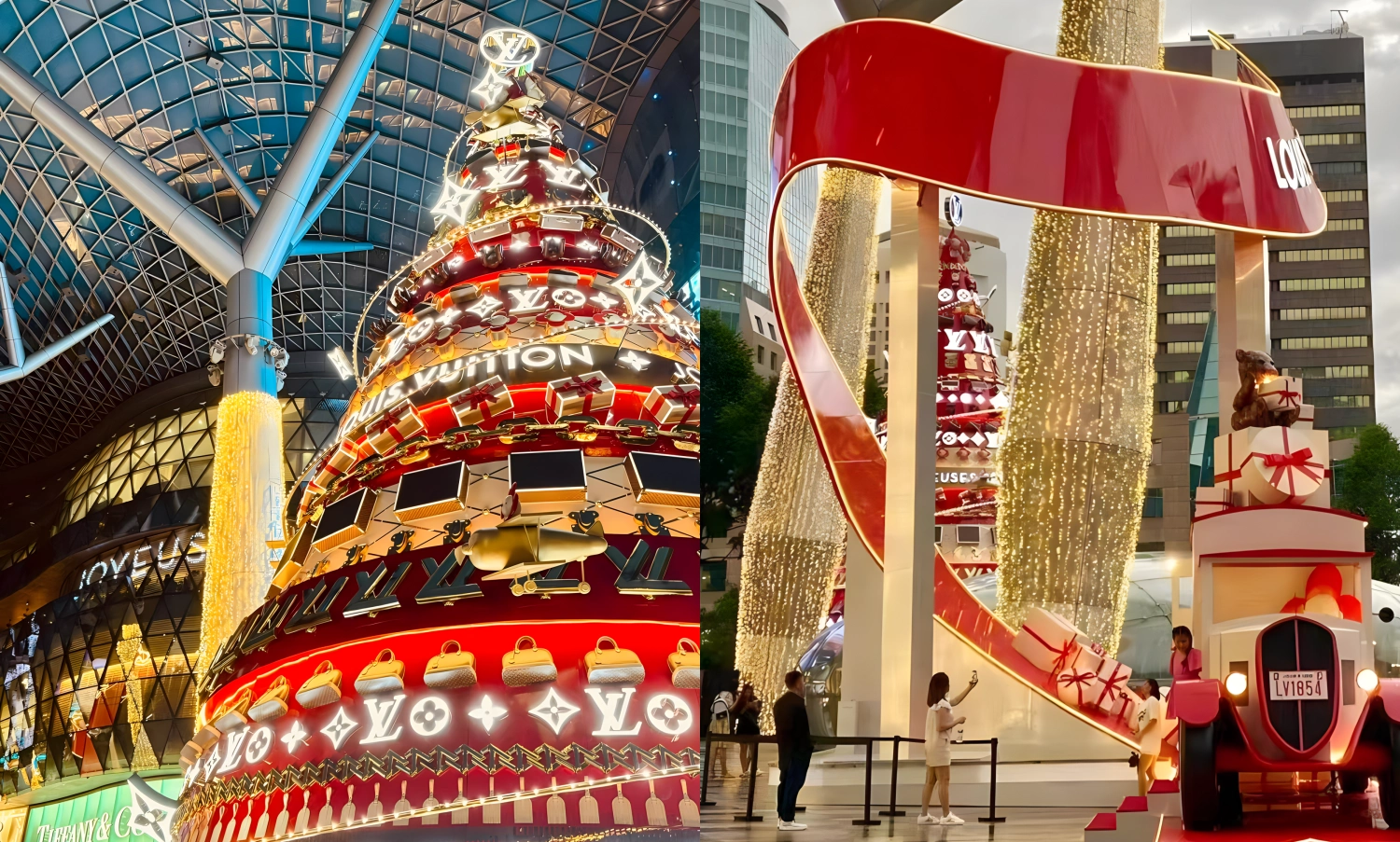 Giant custom-designed Christmas tree with gold and red ornaments, centerpiece of shopping mall festive decoration, custom fabricated by art installation factory for holiday season(8)