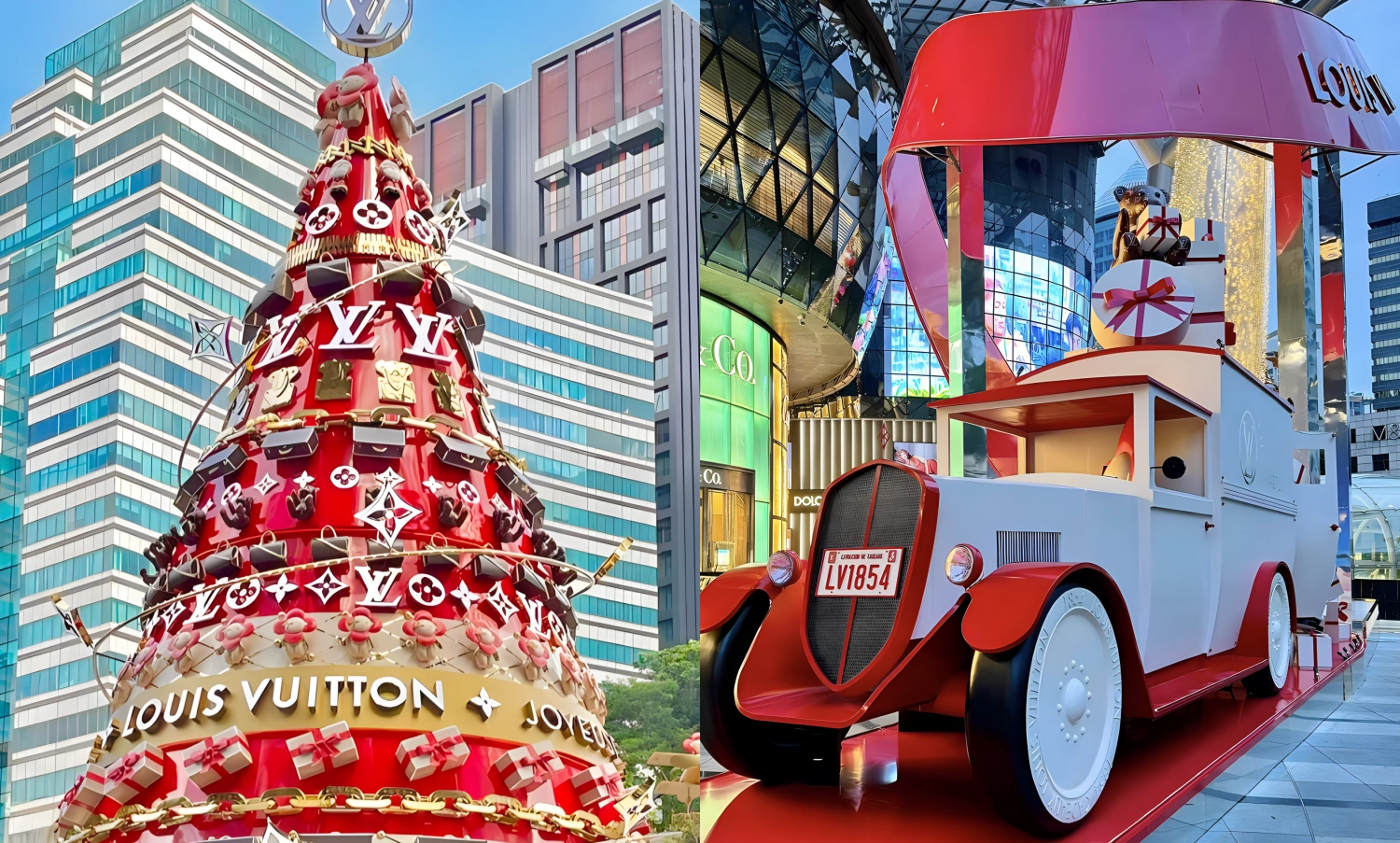 Giant custom-designed Christmas tree with gold and red ornaments, centerpiece of shopping mall festive decoration, custom fabricated by art installation factory for holiday season(9)