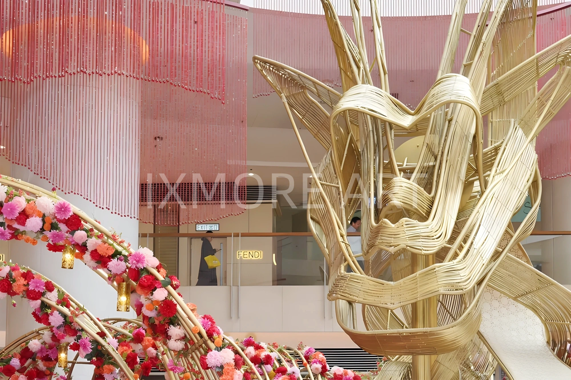 Large-scale handwoven public art installation custom – shopping mall giant woven sculpture factory view(8)
