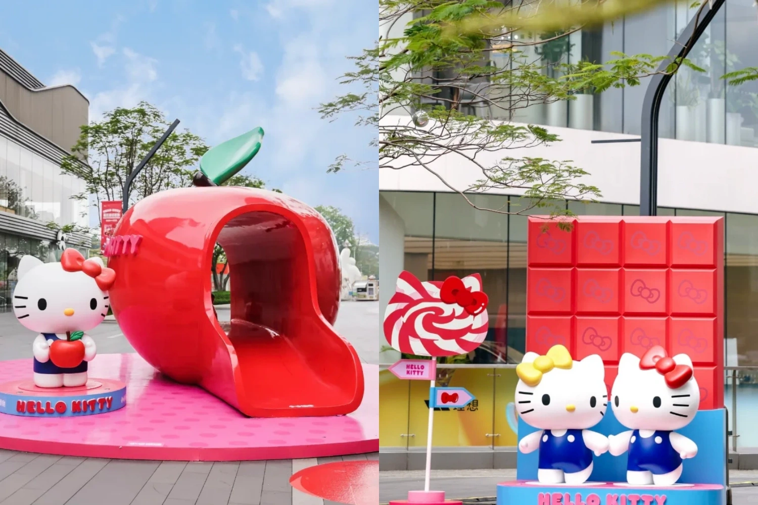 Hello Kitty dream theme exhibition custom installation overview at shopping mall, featuring immersive pink fantasy world with giant character sculptures and interactive displays, custom fabricated by professional art decoration factory-10