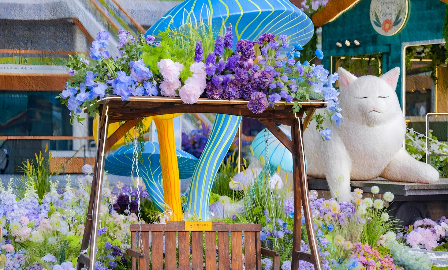 Close-up of custom fabricated animal floral display props and botanical sculpture detail at Jiuguang Center-02