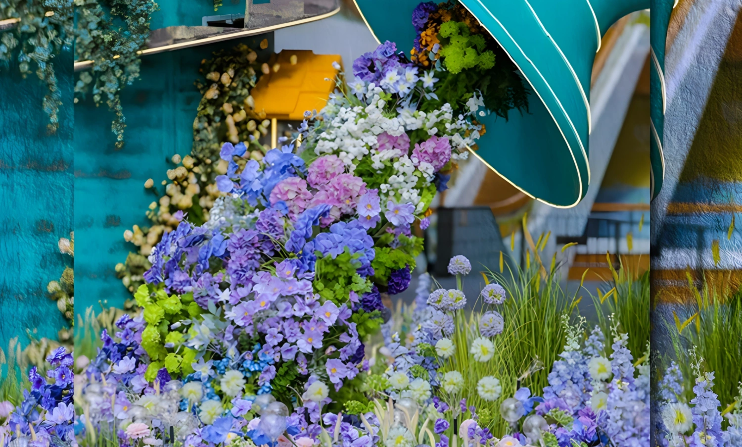 Close-up of custom fabricated animal floral display props and botanical sculpture detail at Jiuguang Center-04