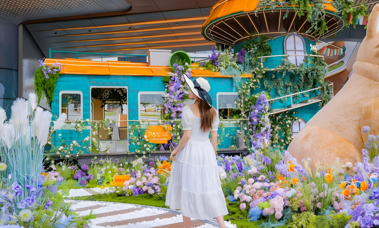 Close-up of custom fabricated animal floral display props and botanical sculpture detail at Jiuguang Center-07