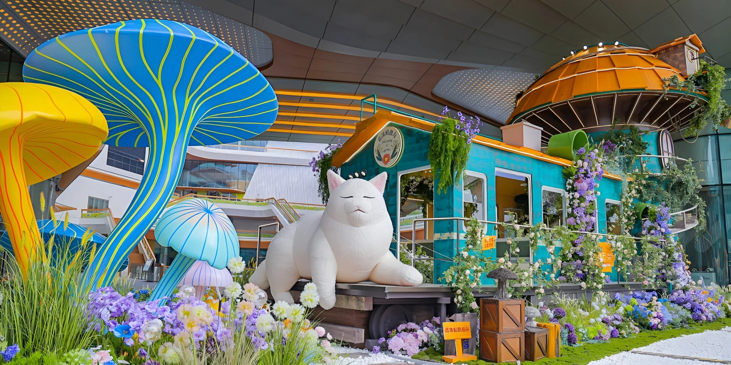 Close-up of custom fabricated animal floral display props and botanical sculpture detail at Jiuguang Center-01