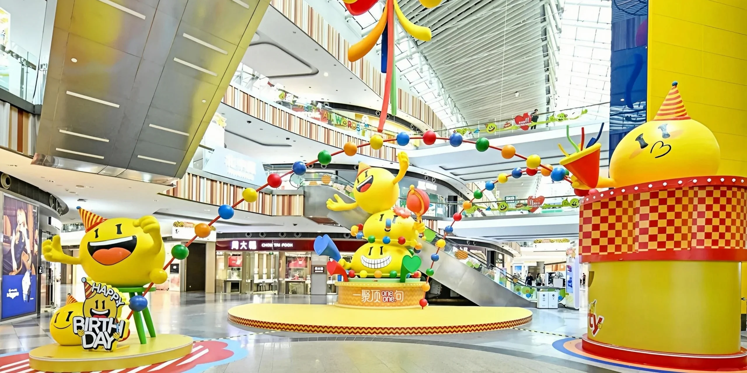 Livat shopping mall custom IP-themed decoration installation overview at atrium, featuring immersive story-driven display with Nordic aesthetics and character art, custom fabricated by professional decoration factory-1