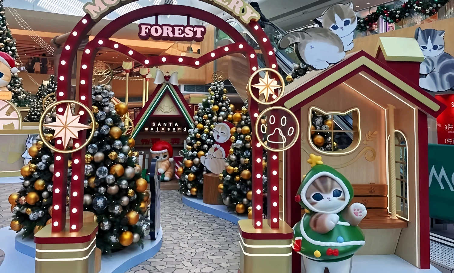 Hongkong MOSTown custom Christmas decoration installation at L2 atrium, featuring mofusand-themed festive displays with 7.5m Santa Christmas tree and immersive winter wonderland decor, custom fabricated by professional art installation factory-02