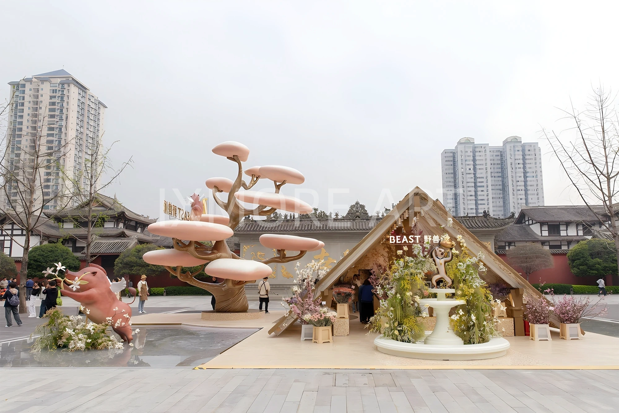 Long shot floral pop-up installation outside mall, event prop fabrication by original art factory, overall finished effect of large custom viral floral pop-up installation(1)