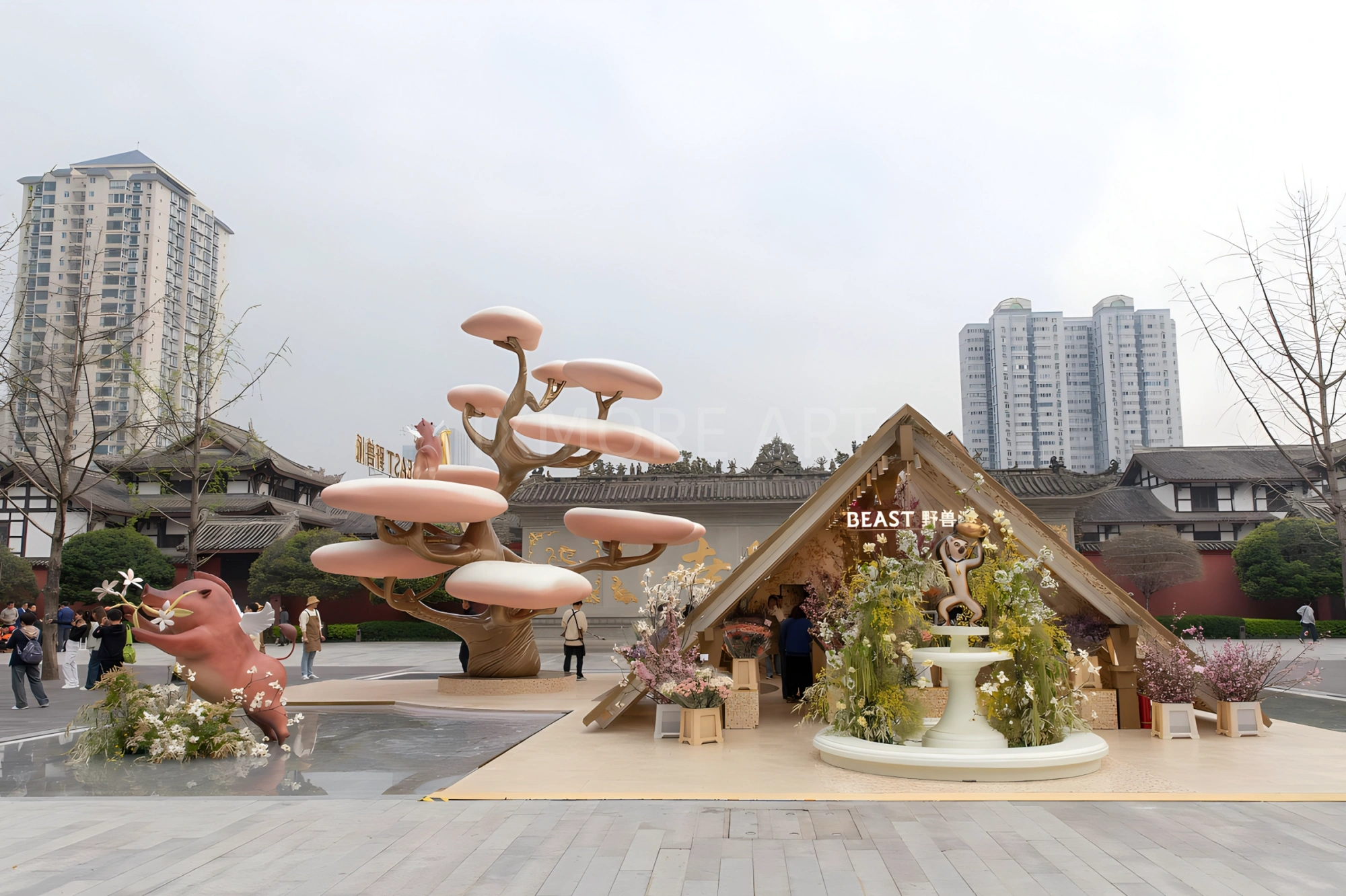 Long shot floral pop-up installation outside mall, event prop fabrication by original art factory, overall finished effect of large custom viral floral pop-up installation(1)