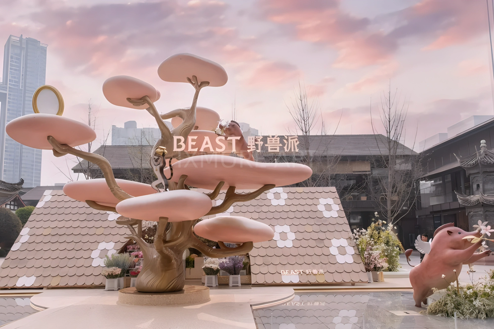 Long shot floral pop-up installation outside mall, event prop fabrication by original art factory, overall finished effect of large custom viral floral pop-up installation(3)