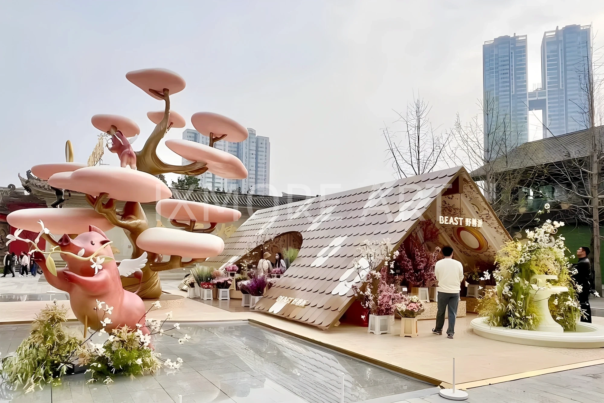 Long shot floral pop-up installation outside mall, event prop fabrication by original art factory, overall finished effect of large custom viral floral pop-up installation(4)