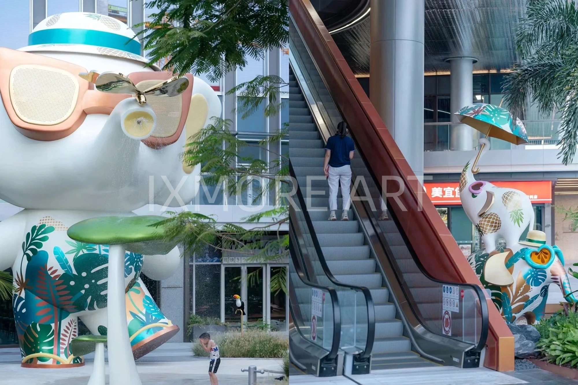 Long shot of Tropical Baby Elephant IP sculpture outside mall, mist spray dynamic device customized by professional art factory, overall finished effect of large outdoor public art installation(6)
