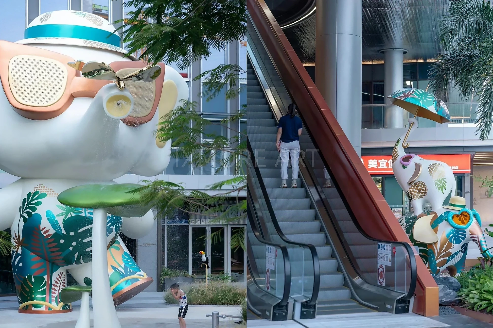 Long shot of Tropical Baby Elephant IP sculpture outside mall, mist spray dynamic device customized by professional art factory, overall finished effect of large outdoor public art installation(6)