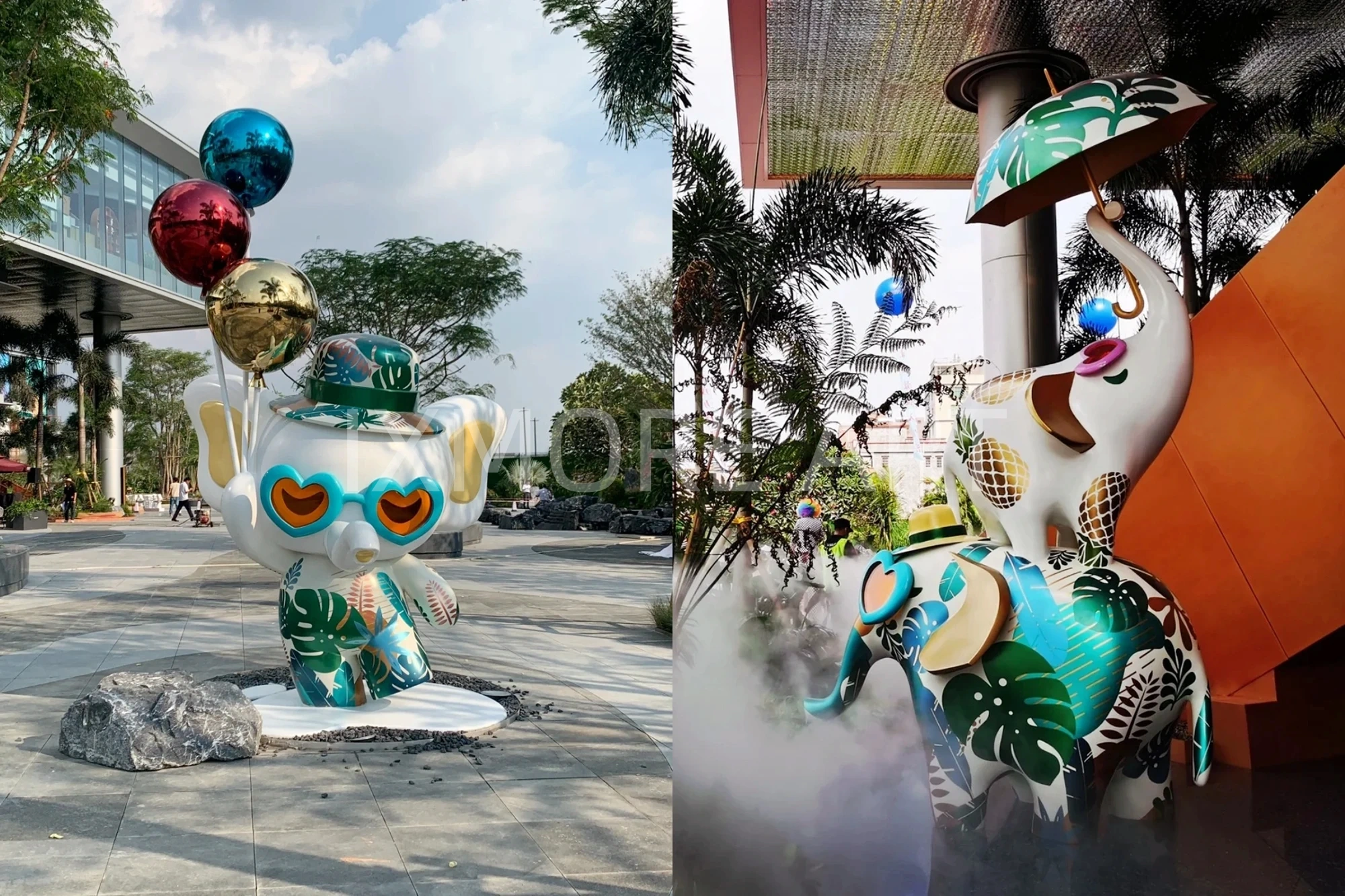 Long shot of Tropical Baby Elephant IP sculpture outside mall, mist spray dynamic device customized by professional art factory, overall finished effect of large outdoor public art installation(7)