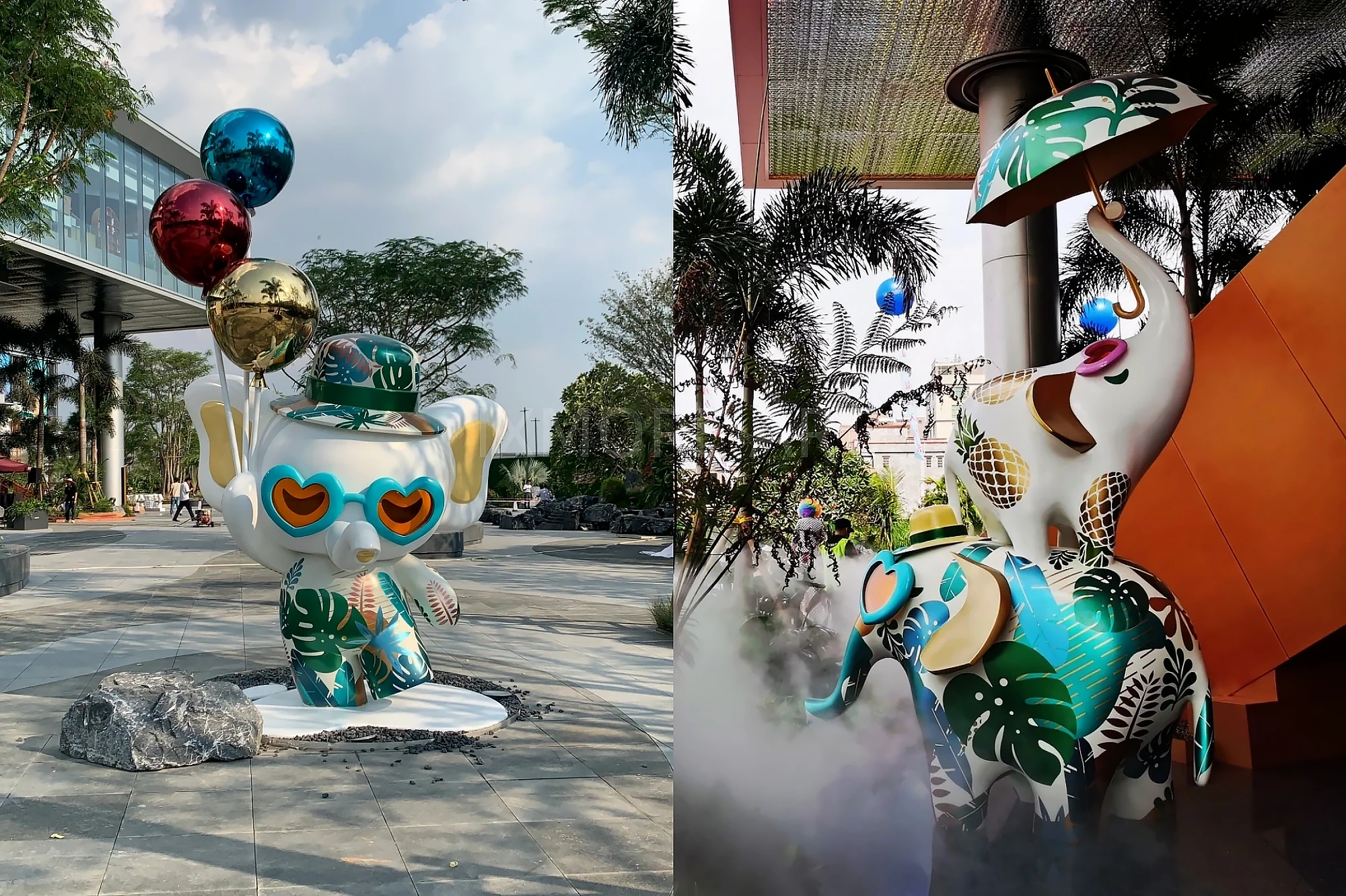 Long shot of Tropical Baby Elephant IP sculpture outside mall, mist spray dynamic device customized by professional art factory, overall finished effect of large outdoor public art installation(7)