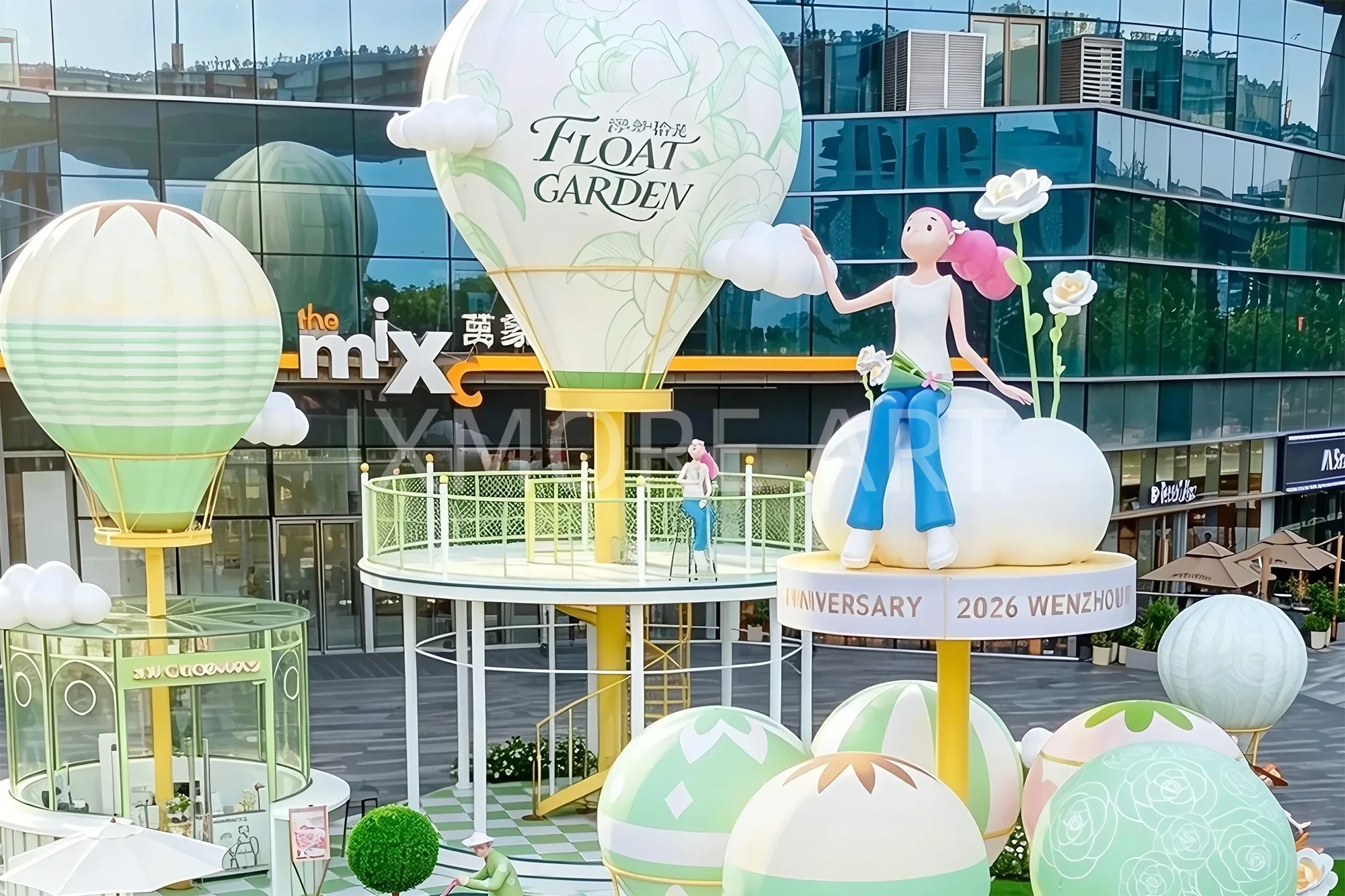 Large-scale custom flying art installation at shopping mall atrium, featuring soaring bird sculptures and immersive cloud-themed decor, custom fabricated by professional art decoration factory(1)
