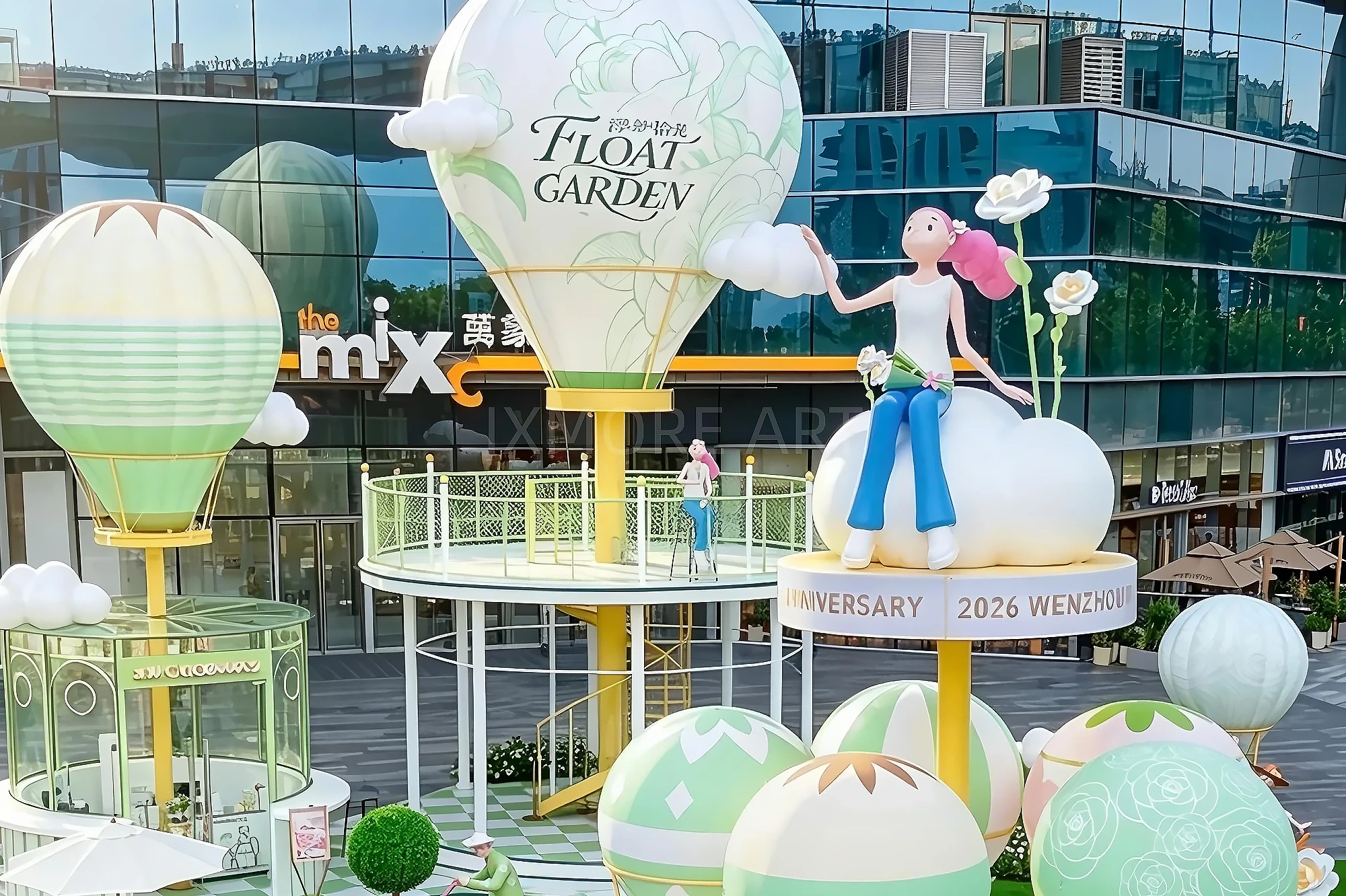 Large-scale custom flying art installation at shopping mall atrium, featuring soaring bird sculptures and immersive cloud-themed decor, custom fabricated by professional art decoration factory-02