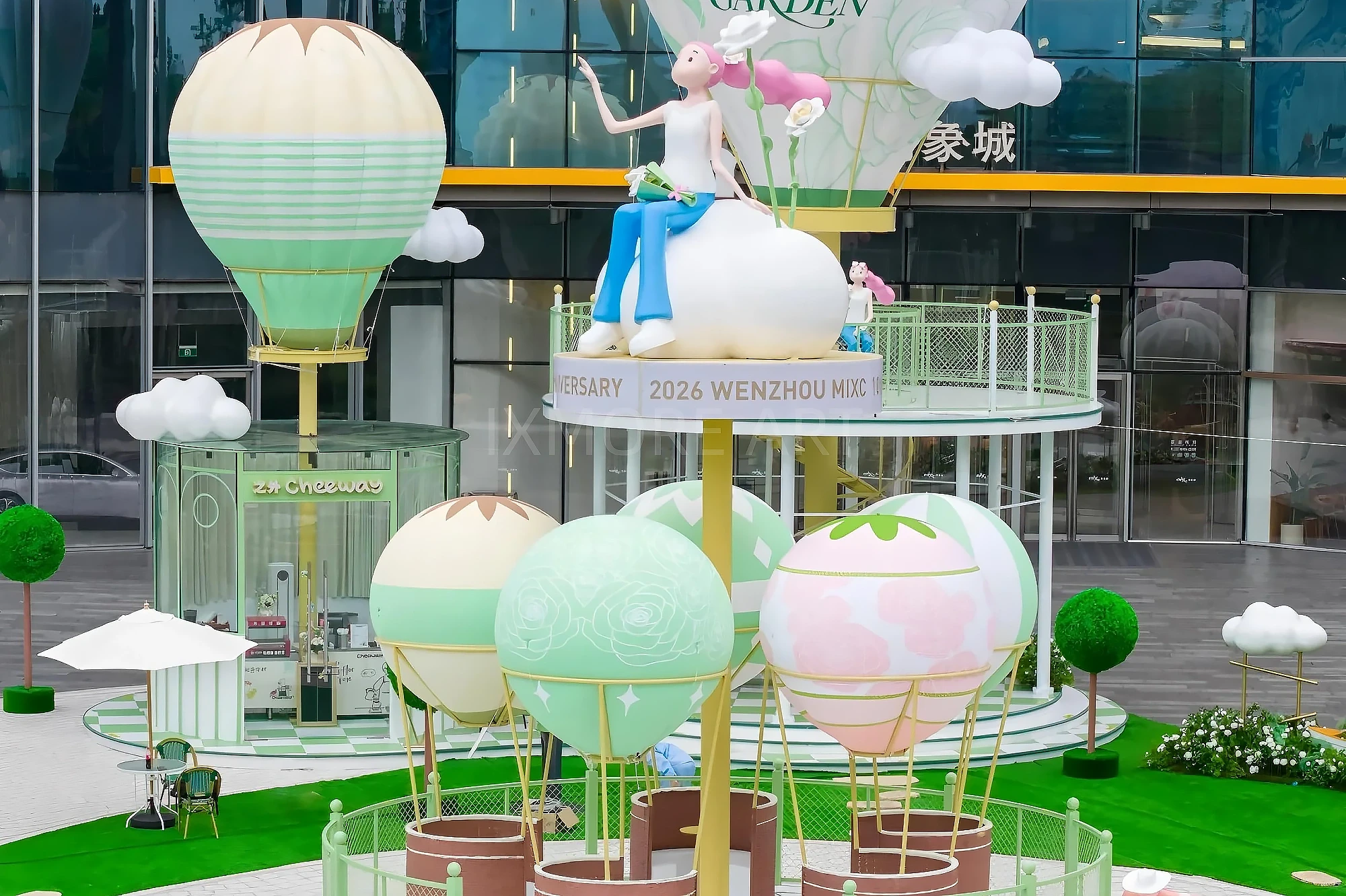 Large-scale custom flying art installation at shopping mall atrium, featuring soaring bird sculptures and immersive cloud-themed decor, custom fabricated by professional art decoration factory-01