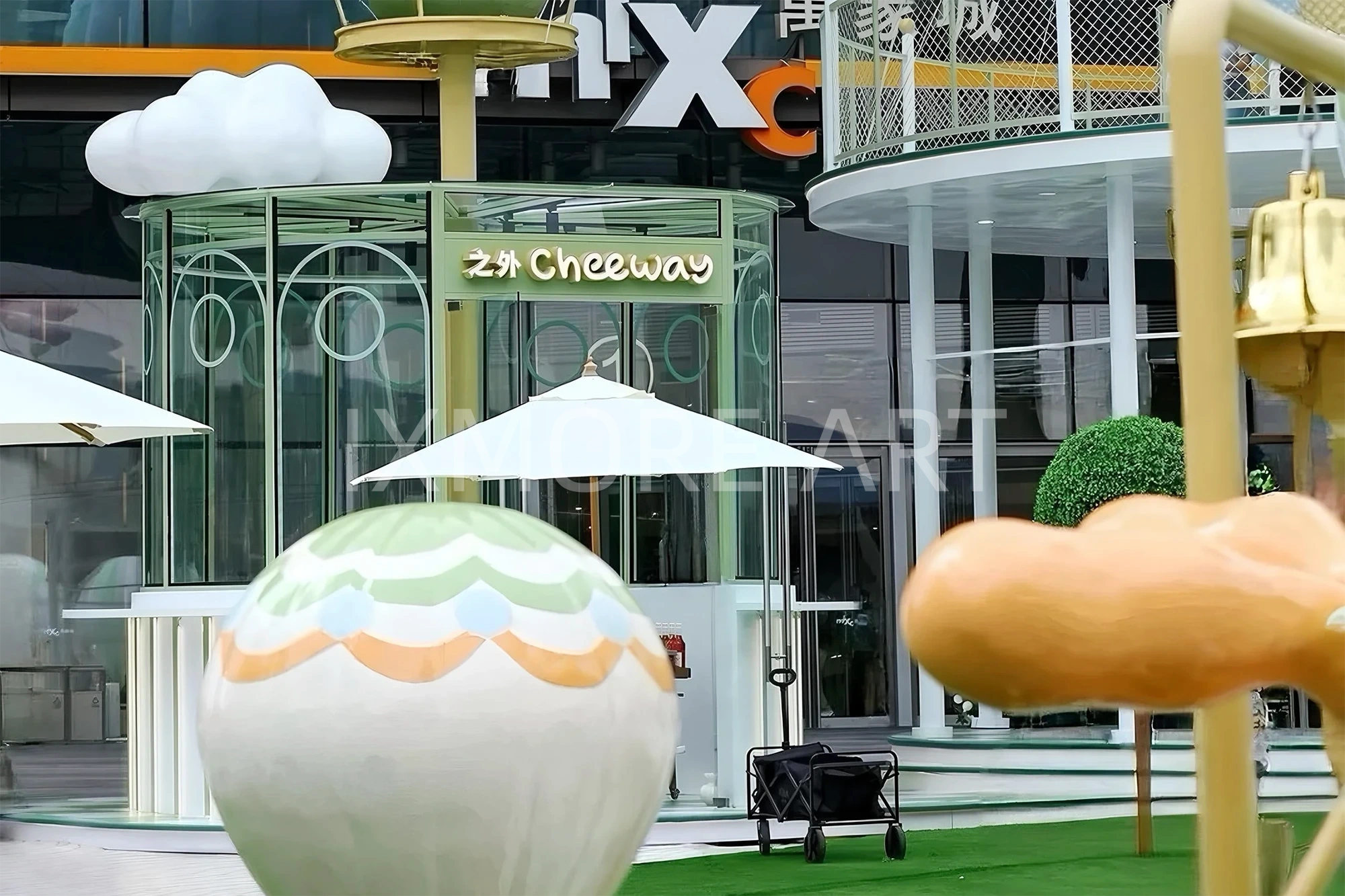 Large-scale custom flying art installation at shopping mall atrium, featuring soaring bird sculptures and immersive cloud-themed decor, custom fabricated by professional art decoration factory(4)