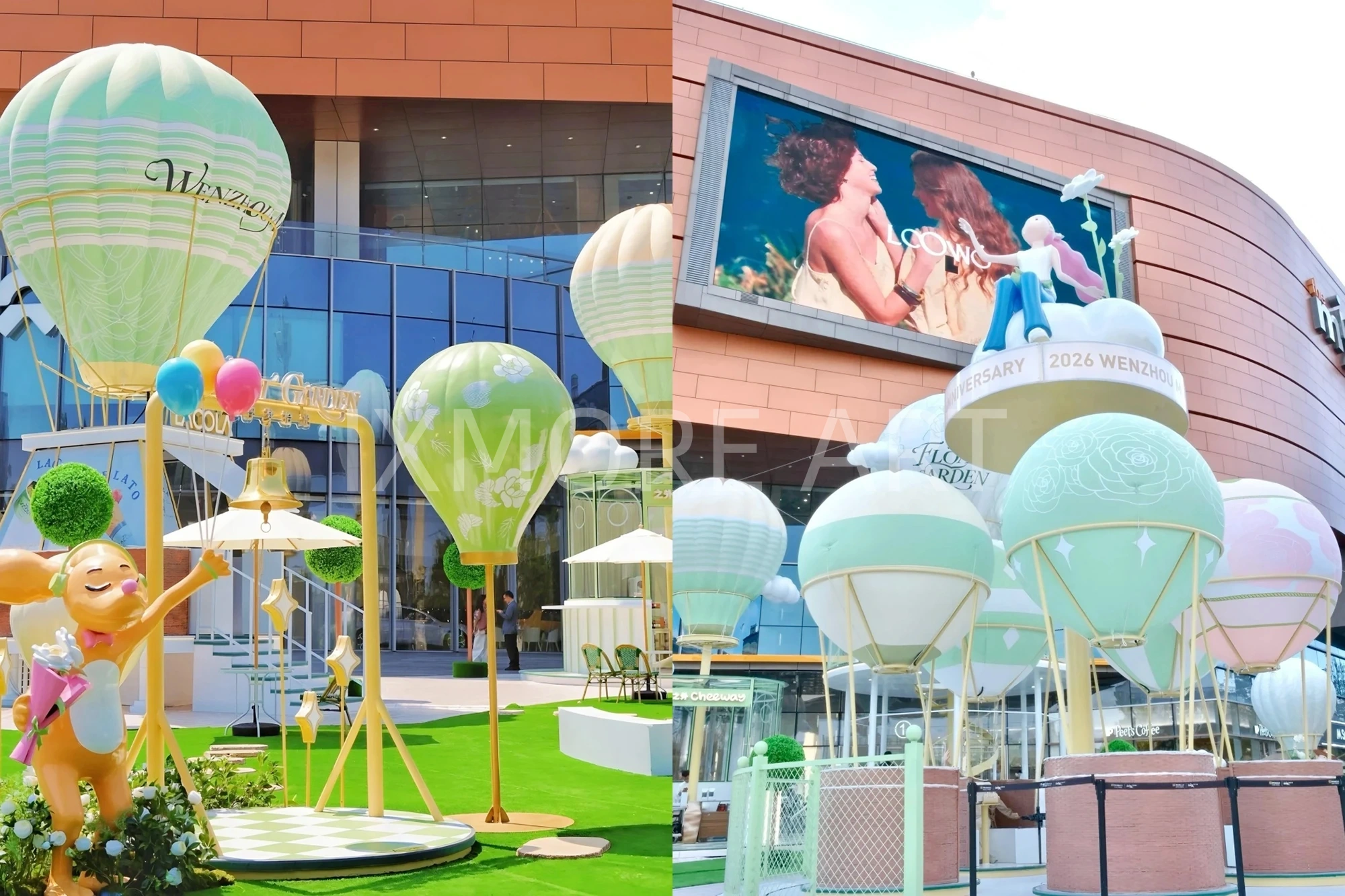 Large-scale custom flying art installation at shopping mall atrium, featuring soaring bird sculptures and immersive cloud-themed decor, custom fabricated by professional art decoration factory(8)