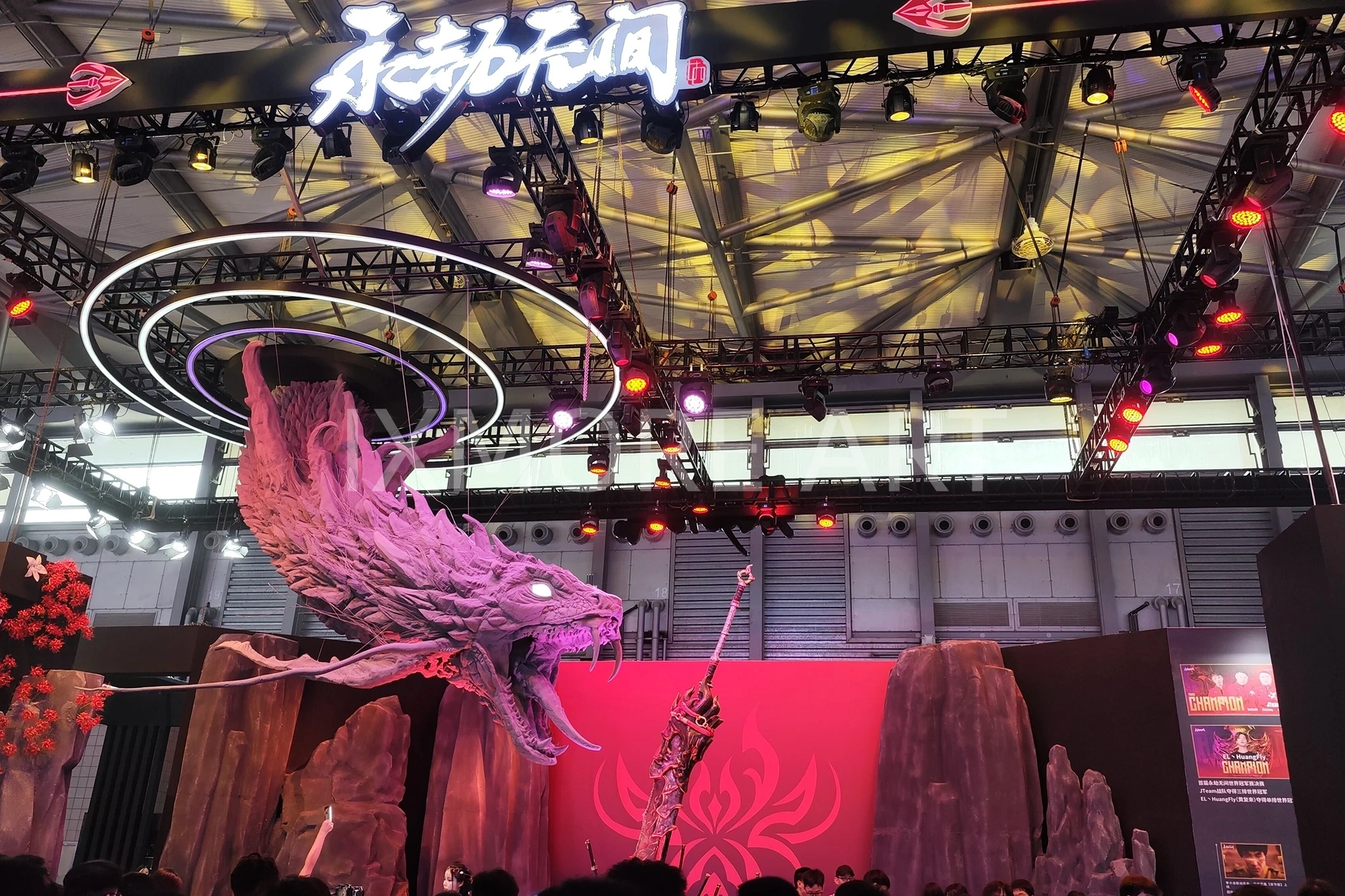 Custom large suspended gaming anime sculpture installation for shopping mall exhibit | dynamic hanging art decor custom manufacturing by art factory(1)