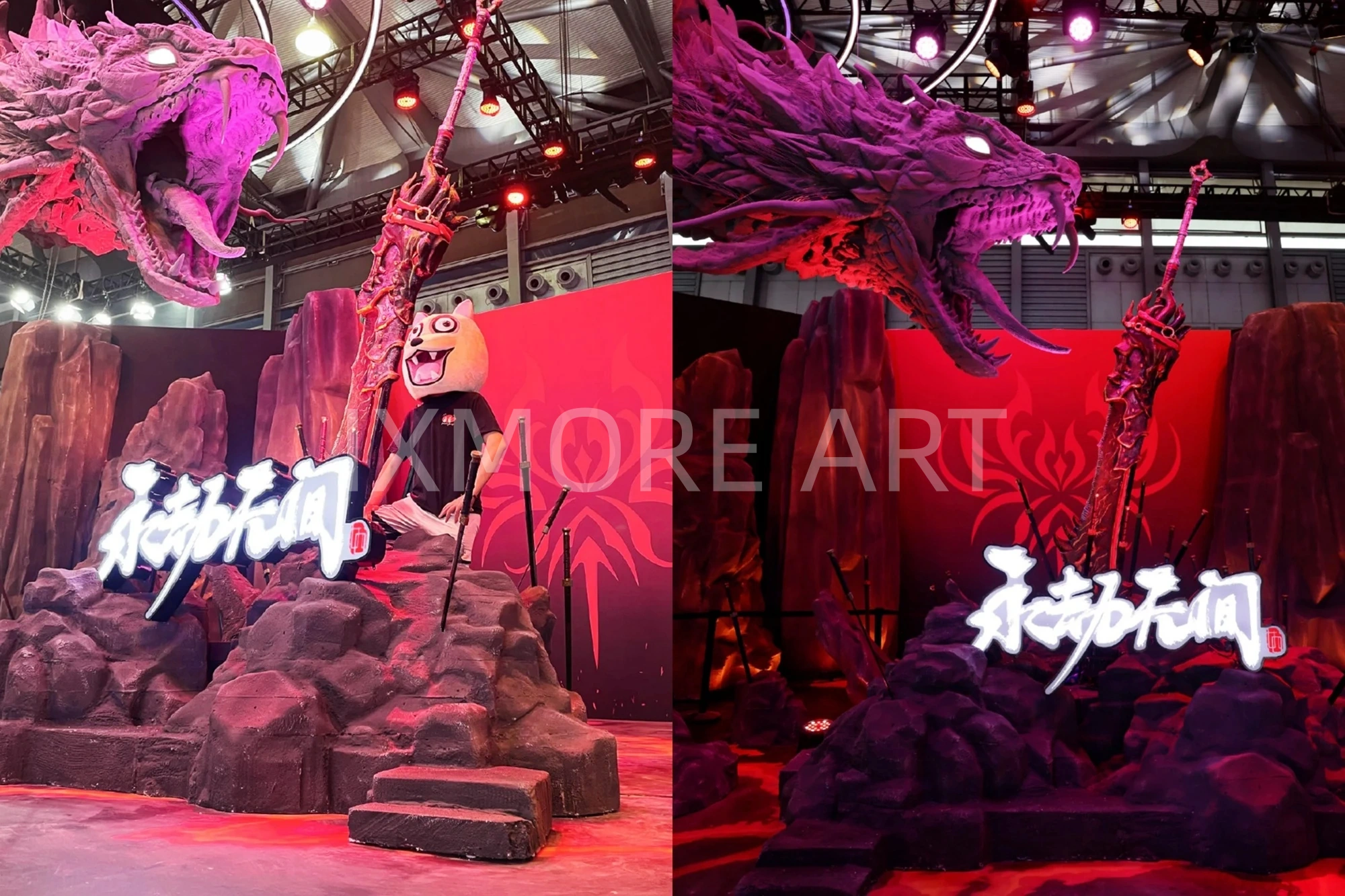 Custom large suspended gaming anime sculpture installation for shopping mall exhibit | dynamic hanging art decor custom manufacturing by art factory(3)