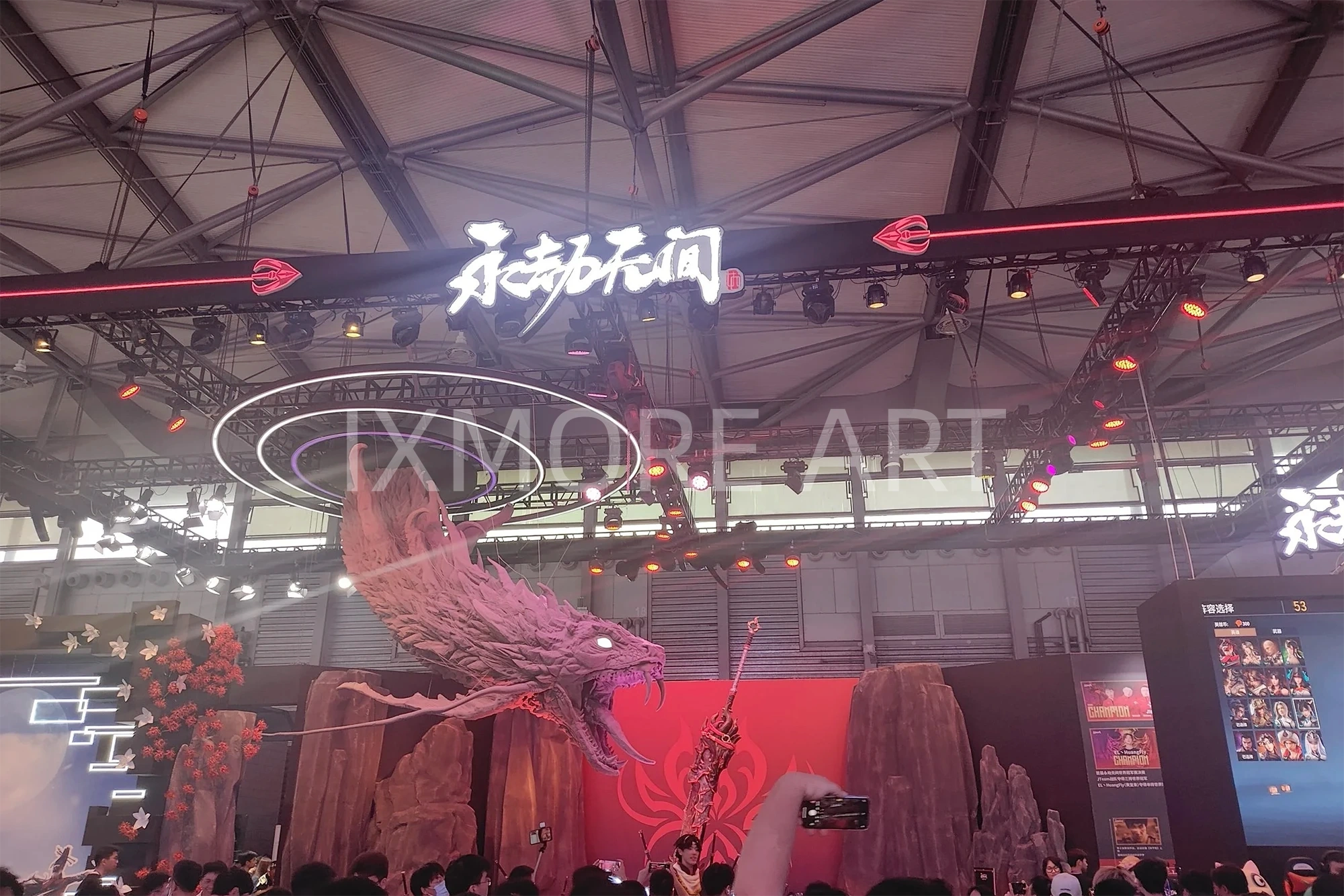 Custom large suspended gaming anime sculpture installation for shopping mall exhibit | dynamic hanging art decor custom manufacturing by art factory(4)