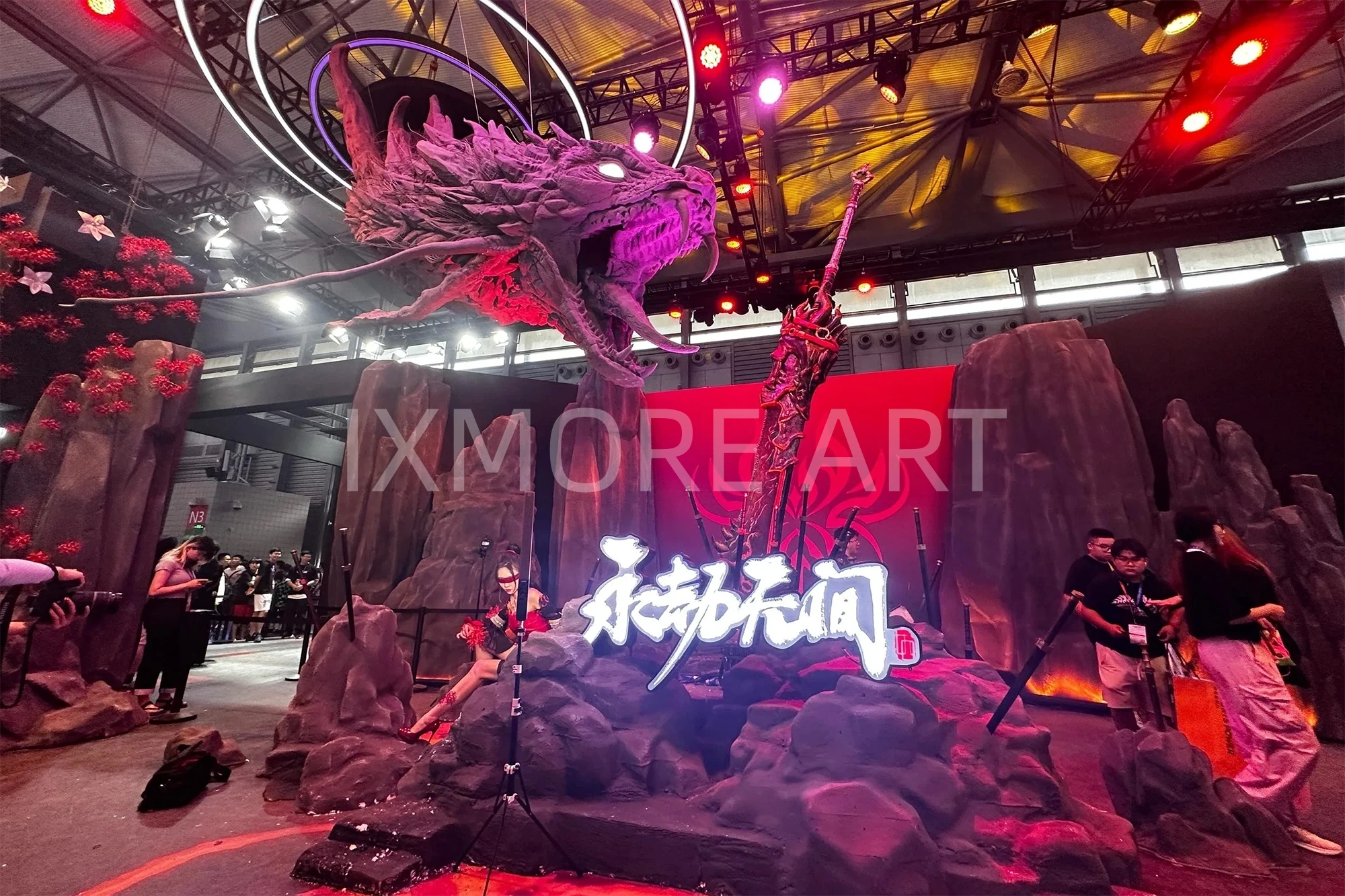 Custom large suspended gaming anime sculpture installation for shopping mall exhibit | dynamic hanging art decor custom manufacturing by art factory(5)