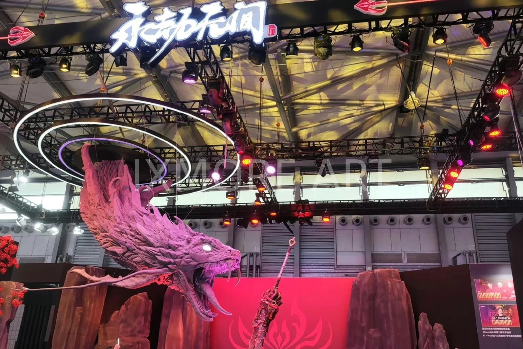Custom large suspended gaming anime sculpture installation for shopping mall exhibit | dynamic hanging art decor custom manufacturing by art factory(6)