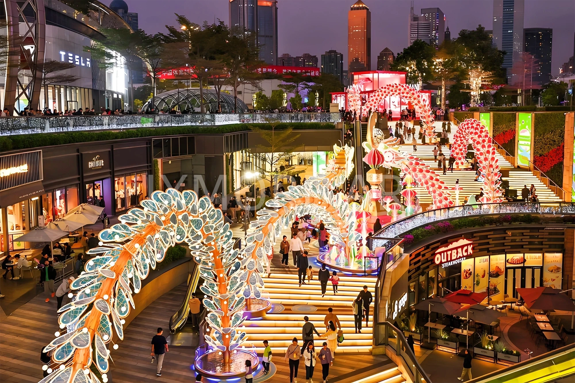 Custom stainless steel interactive light art installation for public plaza, dynamic LED sculpture with photo-taking feature, factory direct custom made for Tianhe Plaza(1)