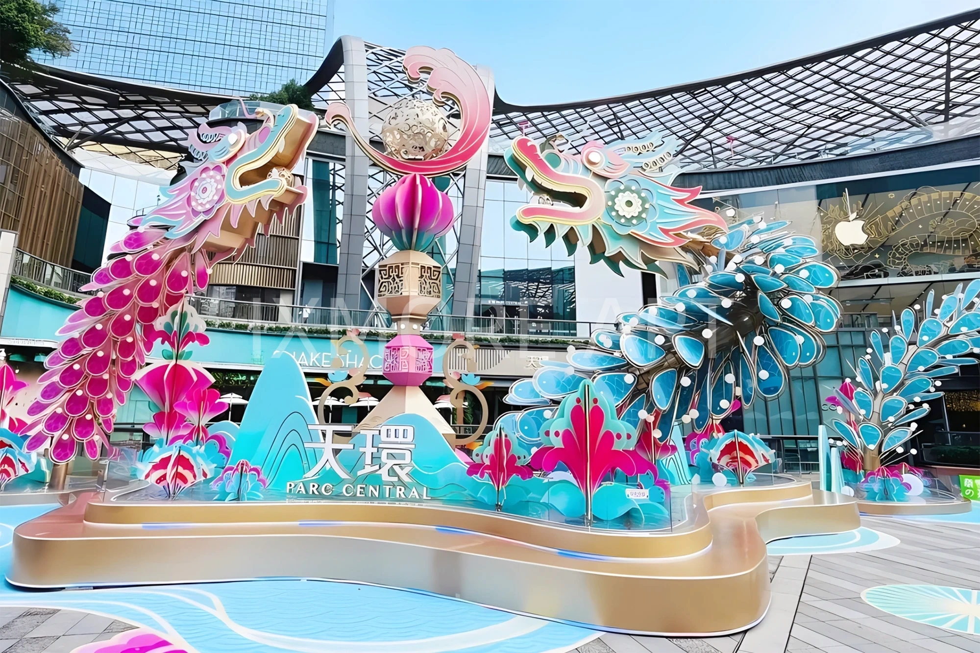 Custom stainless steel interactive light art installation for public plaza, dynamic LED sculpture with photo-taking feature, factory direct custom made for Tianhe Plaza(6)