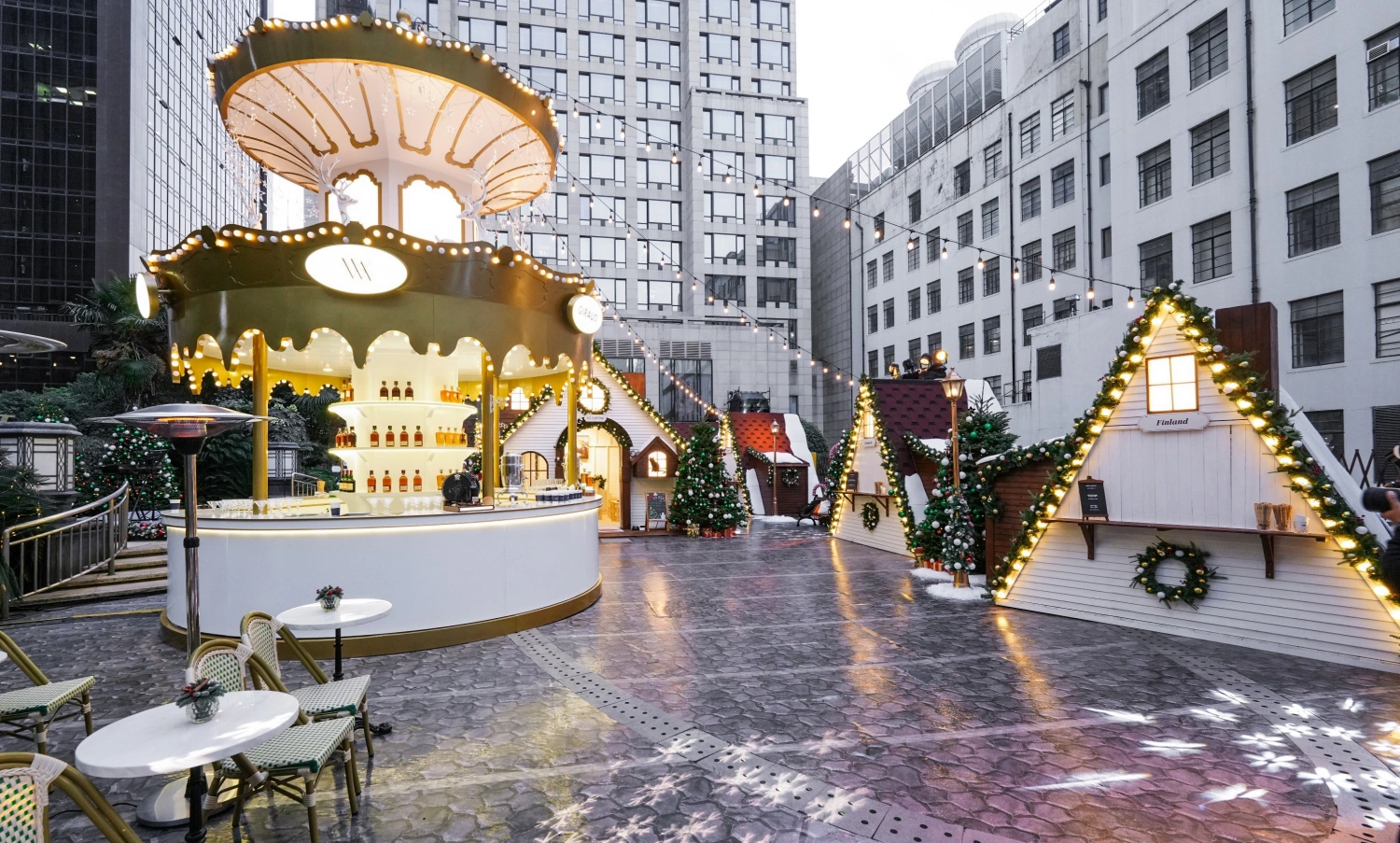 Giant custom Christmas tree centerpiece at Waldorf Astoria hotel plaza, standing [height] meters tall with festive ornaments and sparkling lights, bespoke fabricated by Christmas decoration factory for luxury hotel event-05