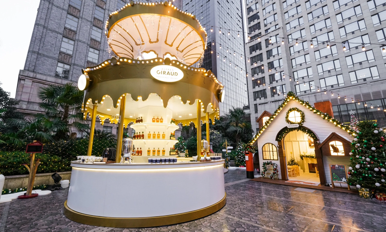 Giant custom Christmas tree centerpiece at Waldorf Astoria hotel plaza, standing [height] meters tall with festive ornaments and sparkling lights, bespoke fabricated by Christmas decoration factory for luxury hotel event-09