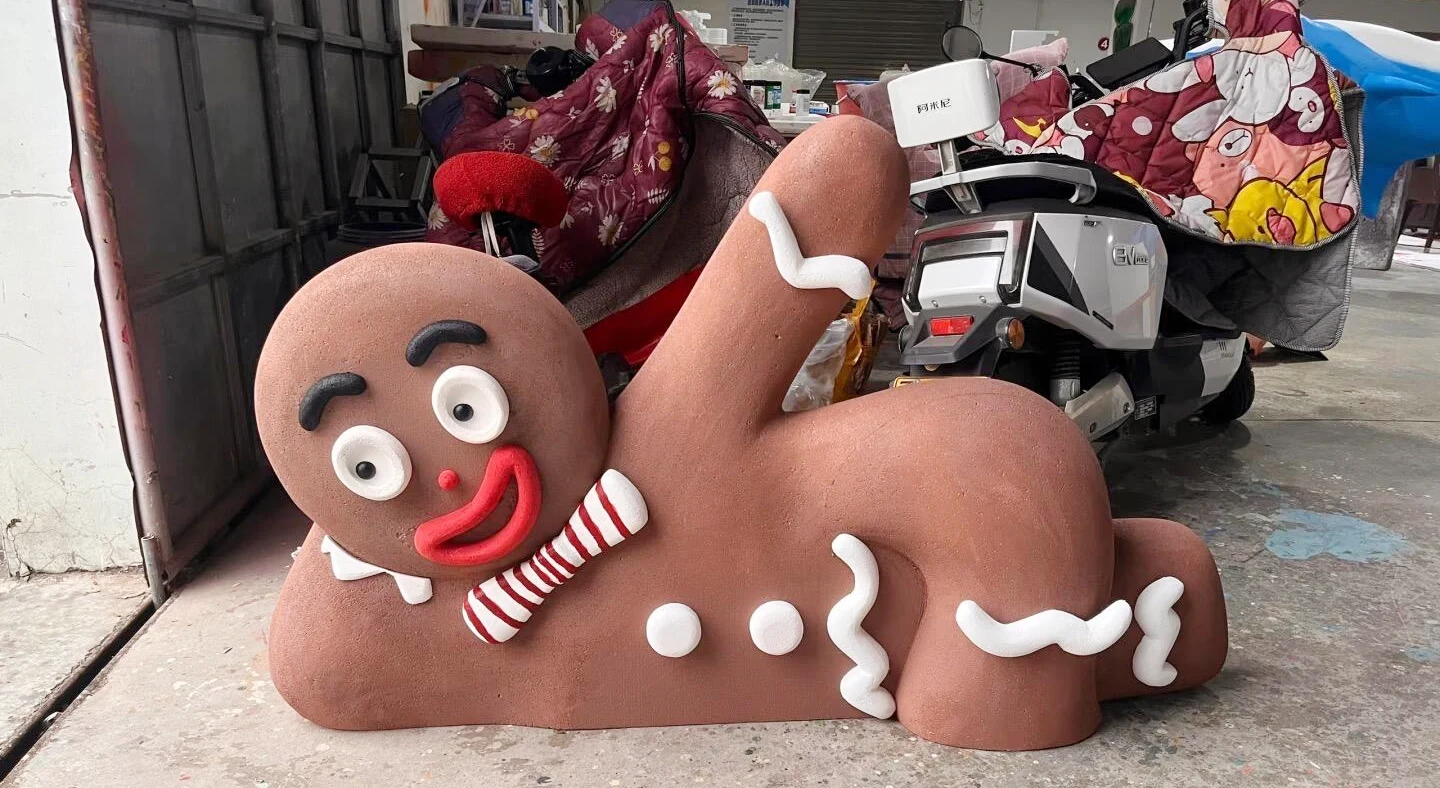 Mall Christmas installation using fiberglass, foam, and metal framing for durability and stability